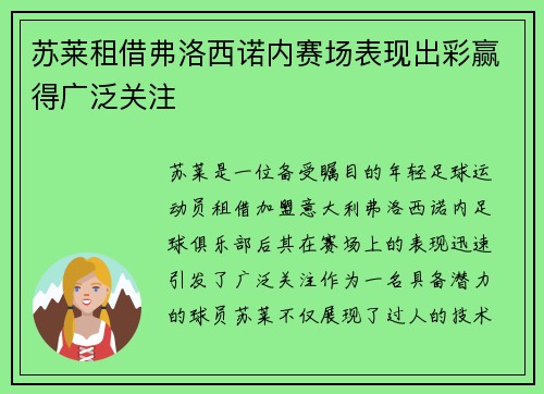 苏莱租借弗洛西诺内赛场表现出彩赢得广泛关注 苏莱租借弗洛西诺内赛场表现出彩赢得广泛关注