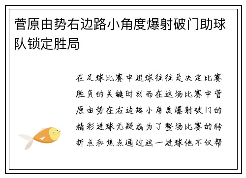 菅原由势右边路小角度爆射破门助球队锁定胜局
