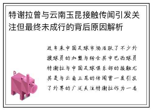 特谢拉曾与云南玉昆接触传闻引发关注但最终未成行的背后原因解析 特谢拉曾与云南玉昆接触传闻引发关注但最终未成行的背后原因解析